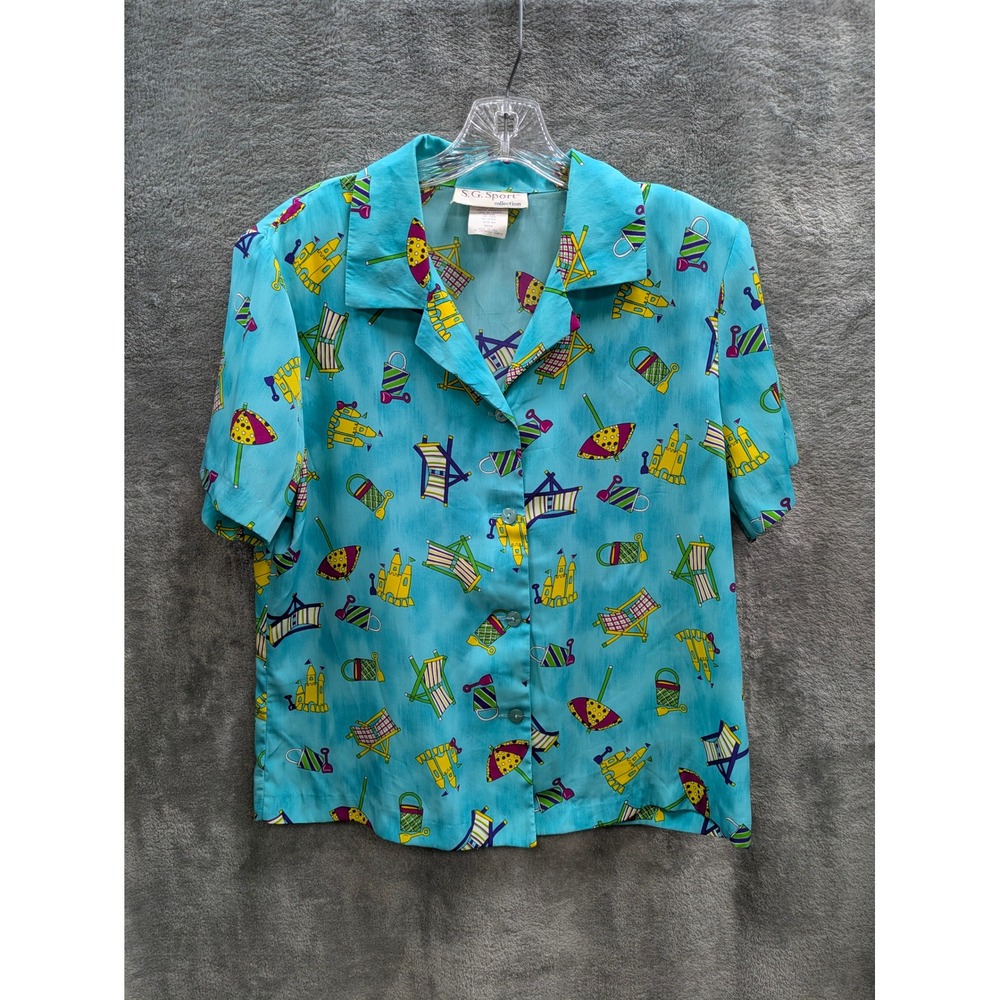 Vintage Button Up Sirt Womens Medium Beach Novelty Print Shoulder‎ Pads Coastal
